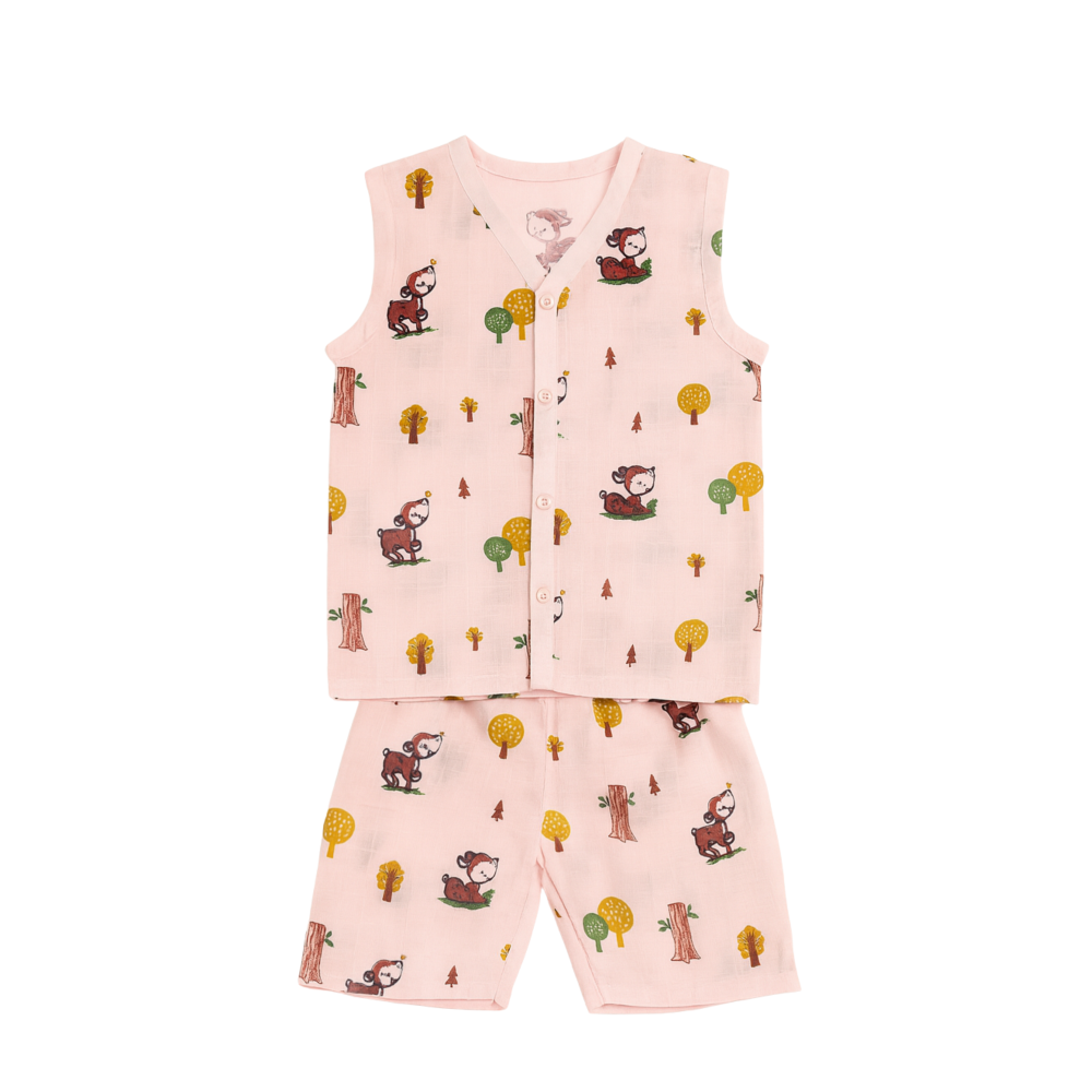 Baby Muslin Pink Deer Print Sleeveless Co-ord Set