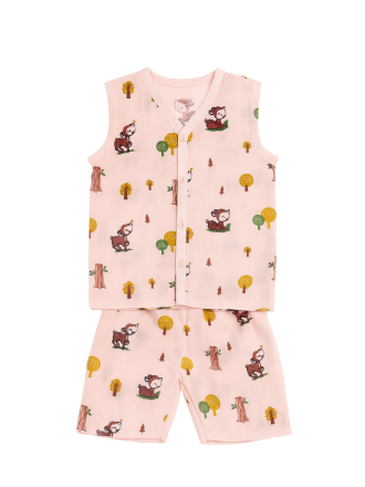Baby Muslin Pink Deer Print Sleeveless Co-ord Set