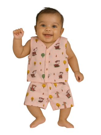 Baby Muslin Pink Deer Print Sleeveless Co-ord Set