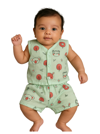 Baby Light Blue Teddy Print Organic Muslin Jabla Set for Babies