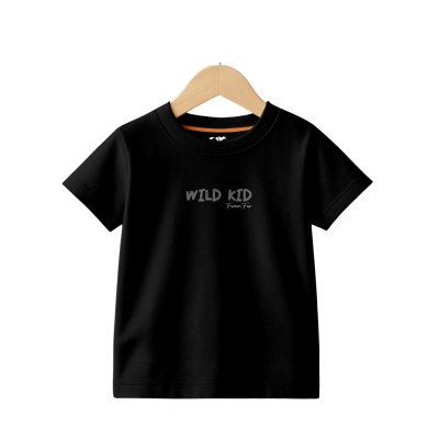 Wild Kid Black Knitted Cotton T-Shirt with Geometric Wolf Back Print