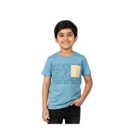 Kids Teal Blue Pure Knitted Cotton T-Shirt with Abstract Print and Patch Pocket