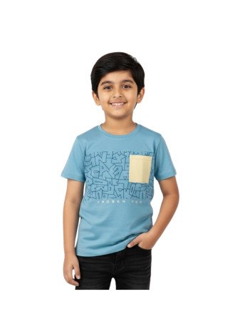Kids Teal Blue Pure Knitted Cotton T-Shirt with Abstract Print and Patch Pocket