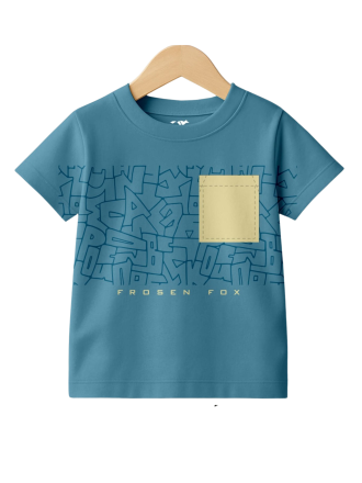 Kids Teal Blue Pure Knitted Cotton T-Shirt with Abstract Print and Patch Pocket