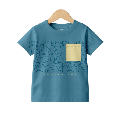 Kids Teal Blue Pure Knitted Cotton T-Shirt with Abstract Print and Patch Pocket