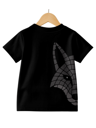 Wild Kid Black Knitted Cotton T-Shirt with Geometric Wolf Back Print