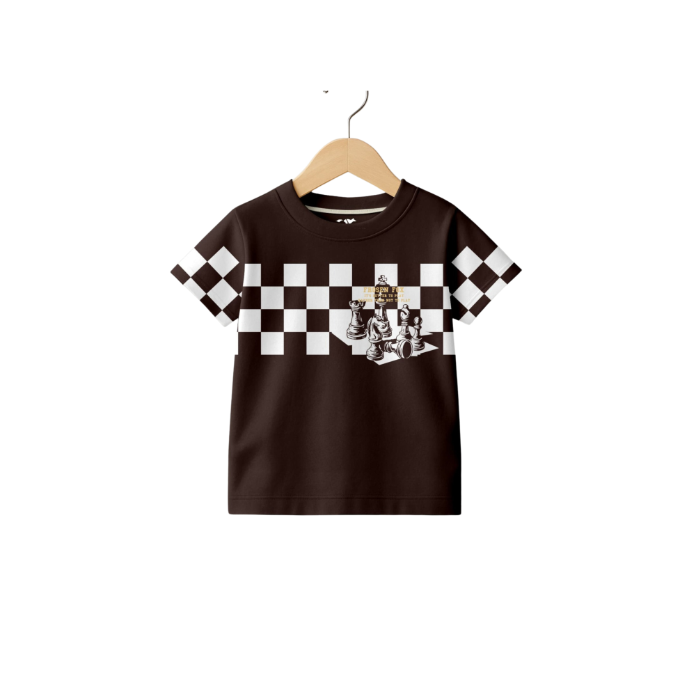 Brown Knitted Cotton T-Shirt with Chess Game Graphic