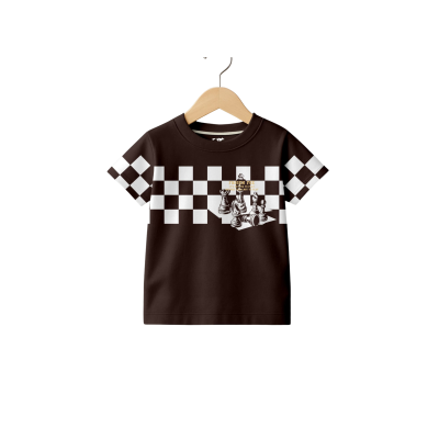 Brown Knitted Cotton T-Shirt with Chess Game Graphic