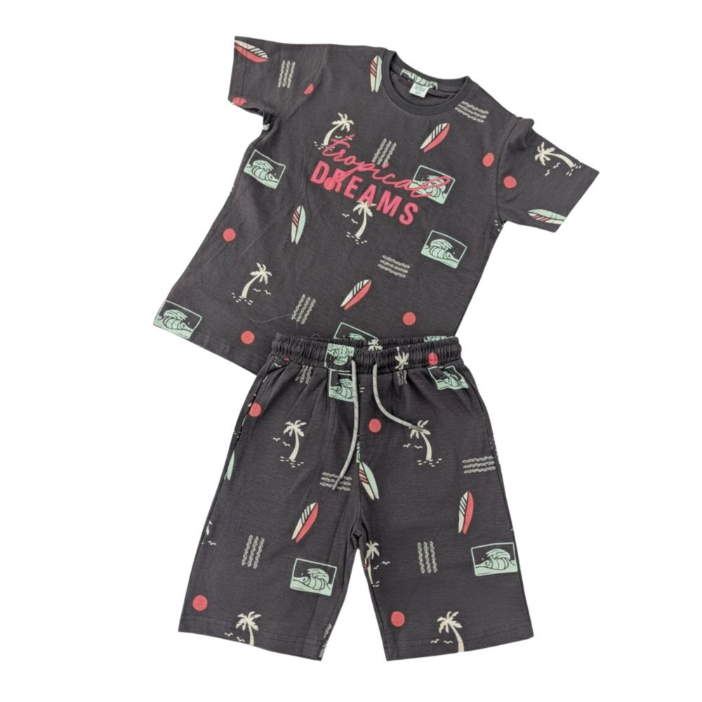 Boys Charcoal Tropical Print Soft Knit Premium Co-Ord Set