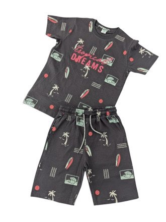 Boys Charcoal Tropical Print Soft Knit Premium Co-Ord Set