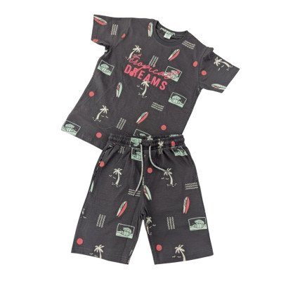 Boys Charcoal Tropical Print Soft Knit Premium Co-Ord Set
