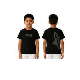 Wild Kid Black Knitted Cotton T-Shirt with Geometric Wolf Back Print