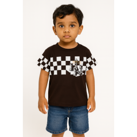 Brown Knitted Cotton T-Shirt with Chess Game Graphic