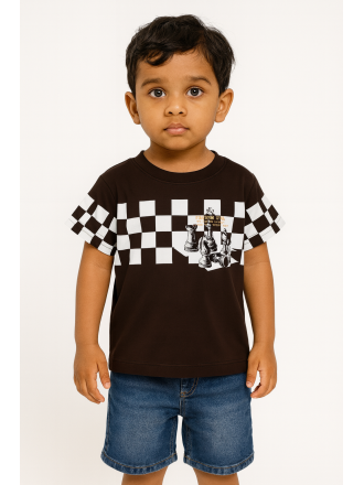 Brown Knitted Cotton T-Shirt with Chess Game Graphic