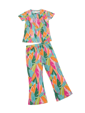 Girl's Tropical Leaf Print Short Sleeve & Bell Bottom Lounge Set
