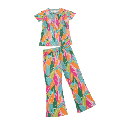Girl's Tropical Leaf Print Short Sleeve & Bell Bottom Lounge Set