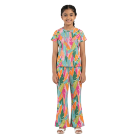 Girl's Tropical Leaf Print Short Sleeve & Bell Bottom Lounge Set