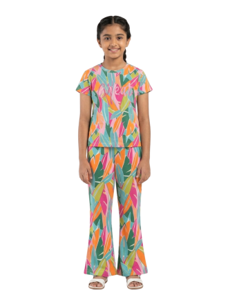 Girl's Tropical Leaf Print Short Sleeve & Bell Bottom Lounge Set