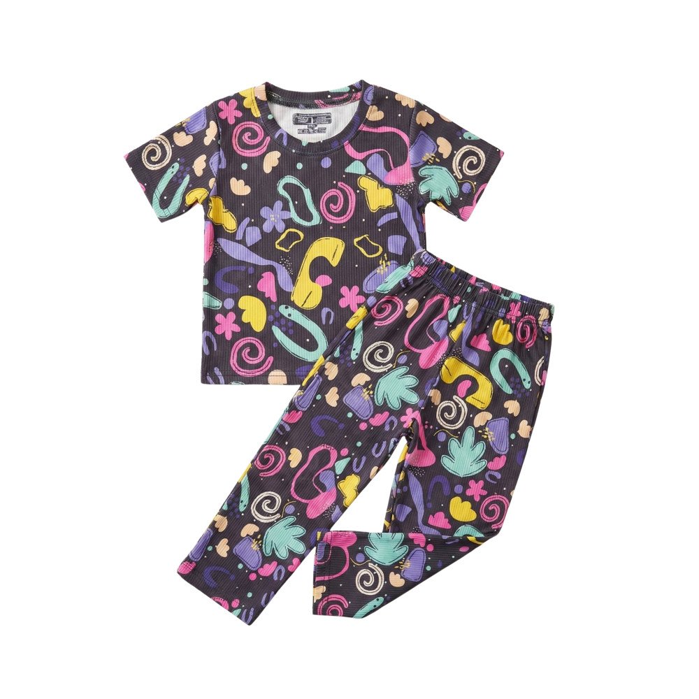 Ribbed Pajama Set for Girls-Retro Abstract Print