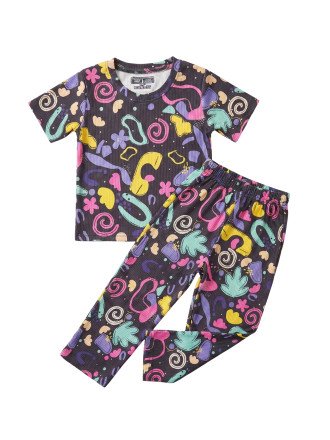 Ribbed Pajama Set for Girls-Retro Abstract Print