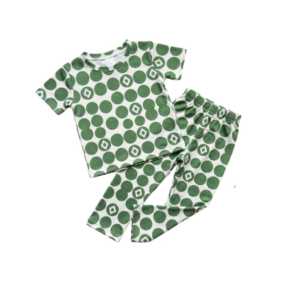Soft Pajama Set for Girls-Green Geometric Polka Dot