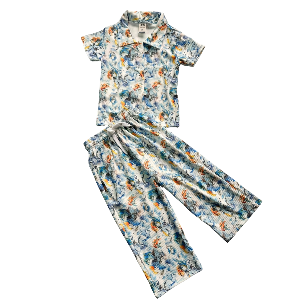 Premium Ribbed Piece Pajama Set – Blue & Gold