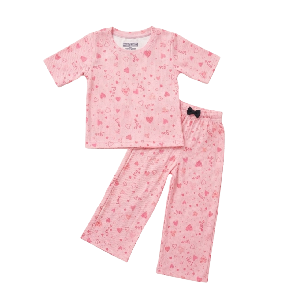 Ribbed Pajama Set for Girls-Pink Heart Print