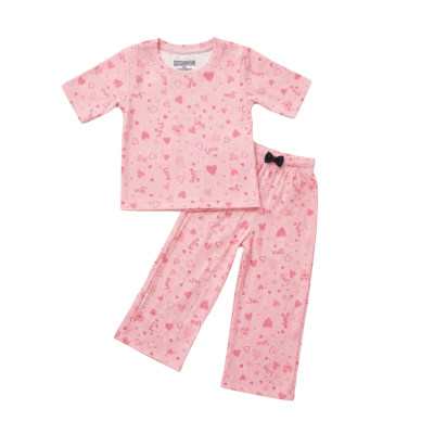 Ribbed Pajama Set for Girls-Pink Heart Print