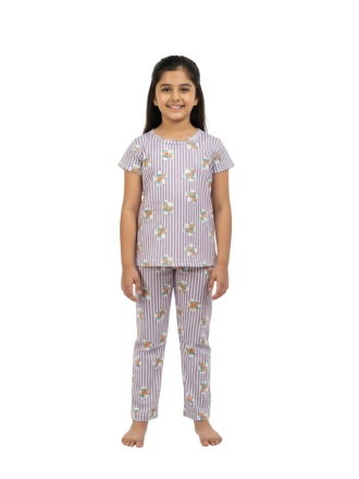 Soft Pajama Set for Girls-Lavender Stripe & Floral Print