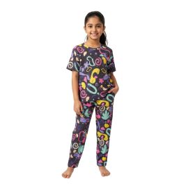 Ribbed Pajama Set for Girls-Retro Abstract Print