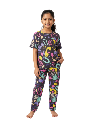 Ribbed Pajama Set for Girls-Retro Abstract Print