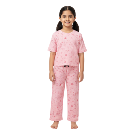 Ribbed Pajama Set for Girls-Pink Heart Print