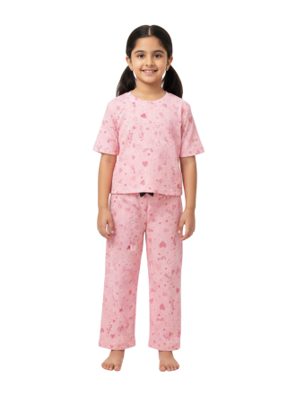 Ribbed Pajama Set for Girls-Pink Heart Print