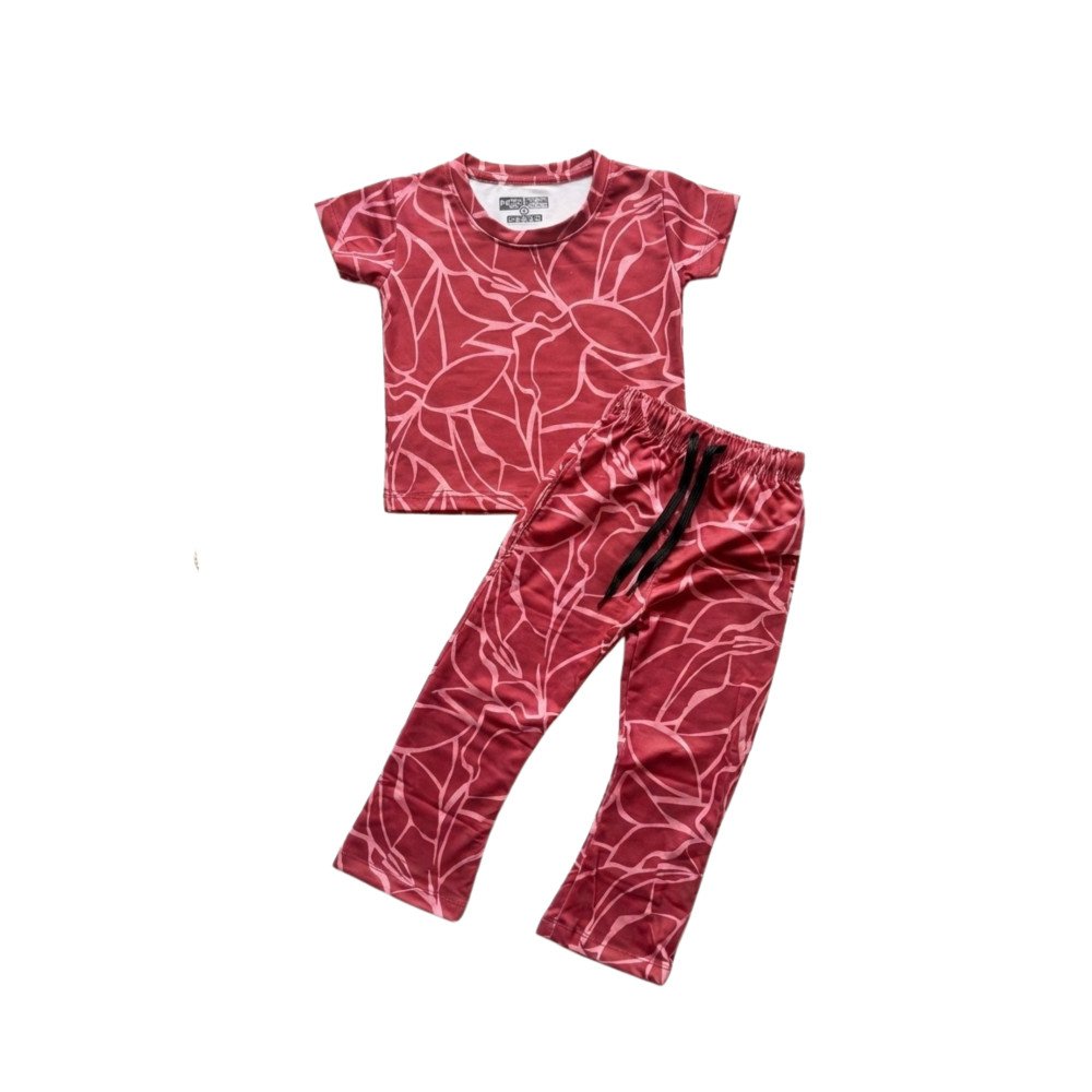 Soft Pajama Set for Girls-Crimson Abstract Leaf Print
