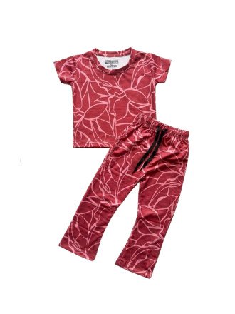 Soft Pajama Set for Girls-Crimson Abstract Leaf Print