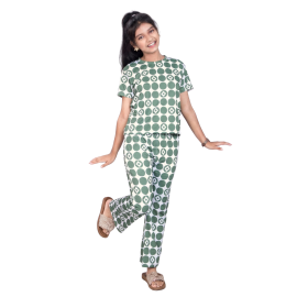 Soft Pajama Set for Girls-Green Geometric Polka Dot