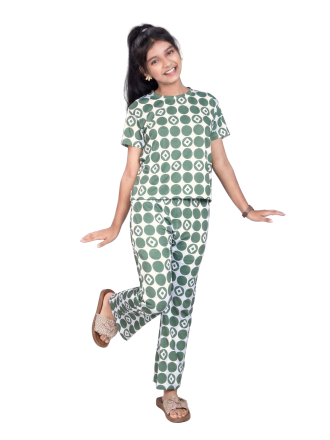 Soft Pajama Set for Girls-Green Geometric Polka Dot