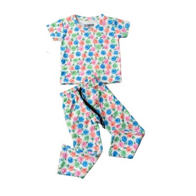 Soft Pajama Set for Girls-Colorful Rose Print