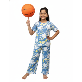Ribbed Pajama set for Girls-Blue Flowers