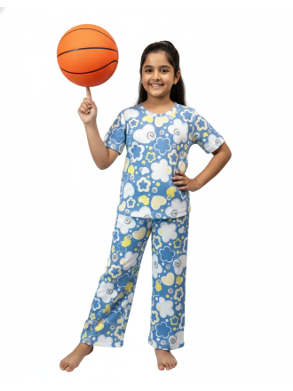 Ribbed Pajama set for Girls-Blue Flowers