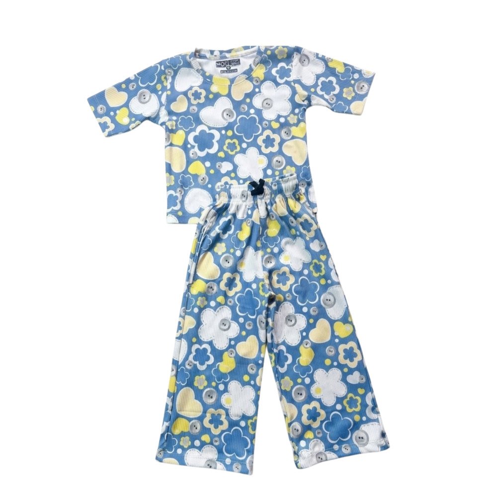 Ribbed Pajama set for Girls-Blue Flowers