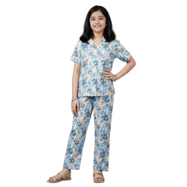 Premium Ribbed Piece Pajama Set – Blue & Gold