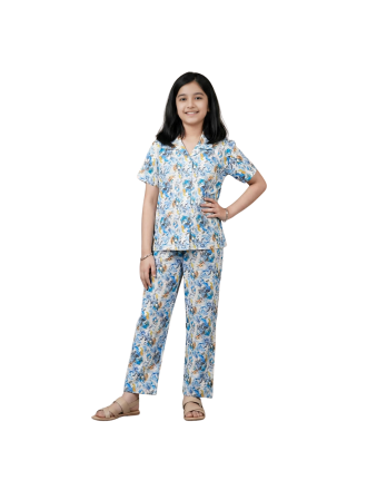 Premium Ribbed Piece Pajama Set – Blue & Gold