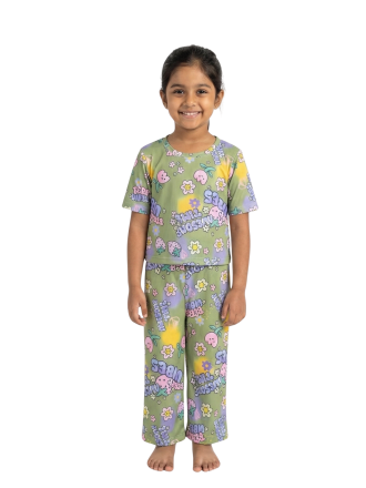 Ribbed Pajama Set for Girls-Trendy sage green