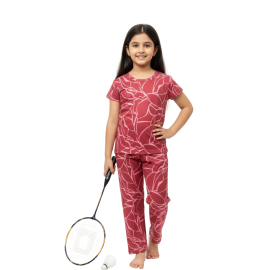 Soft Pajama Set for Girls-Crimson Abstract Leaf Print