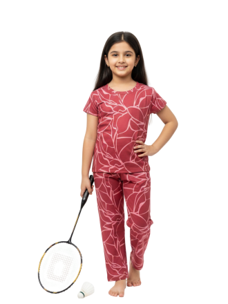 Soft Pajama Set for Girls-Crimson Abstract Leaf Print