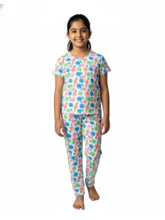 Soft Pajama Set for Girls-Colorful Rose Print
