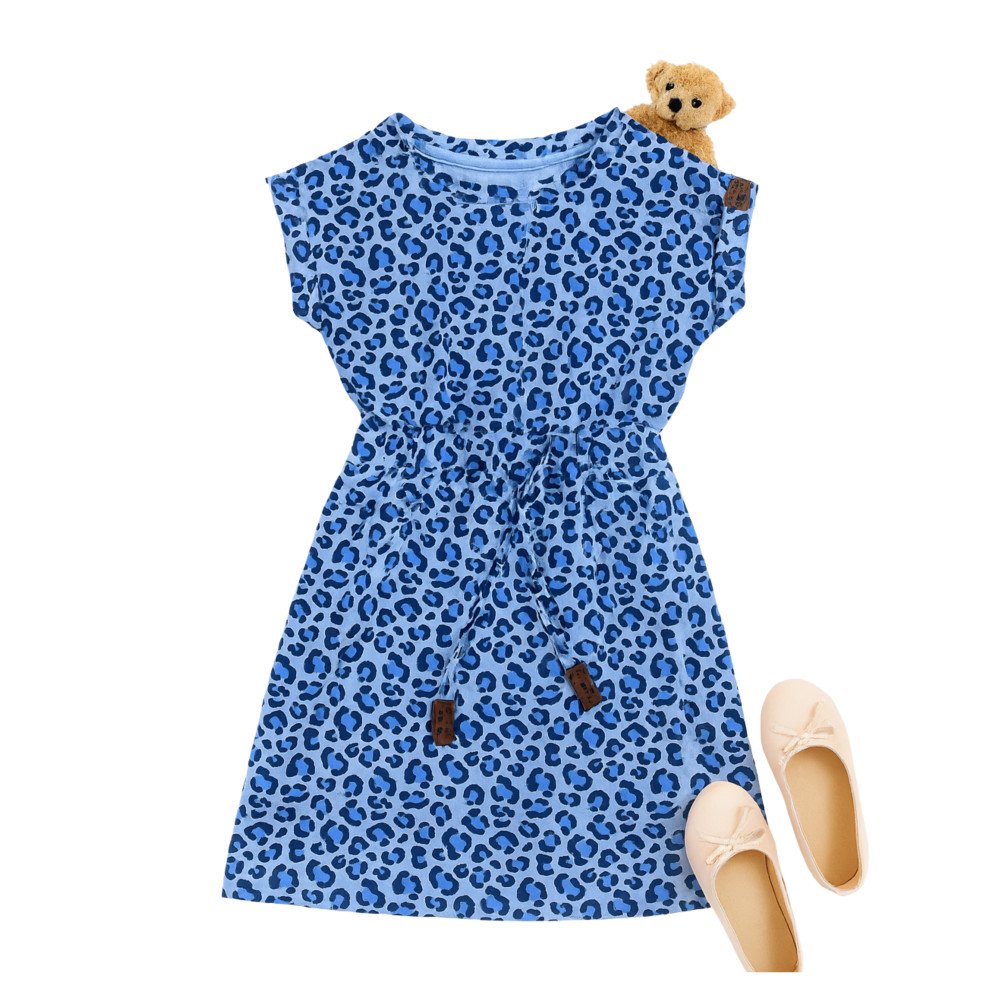 Girls Cap Sleeve Top with Waist Tie - Blue Leopard Print