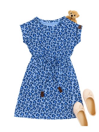 Girls Cap Sleeve Top with Waist Tie - Blue Leopard Print