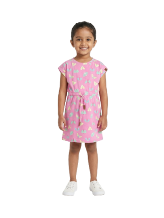 Girls' Cap-Sleeve Drawstring Dress - Butterfly Print